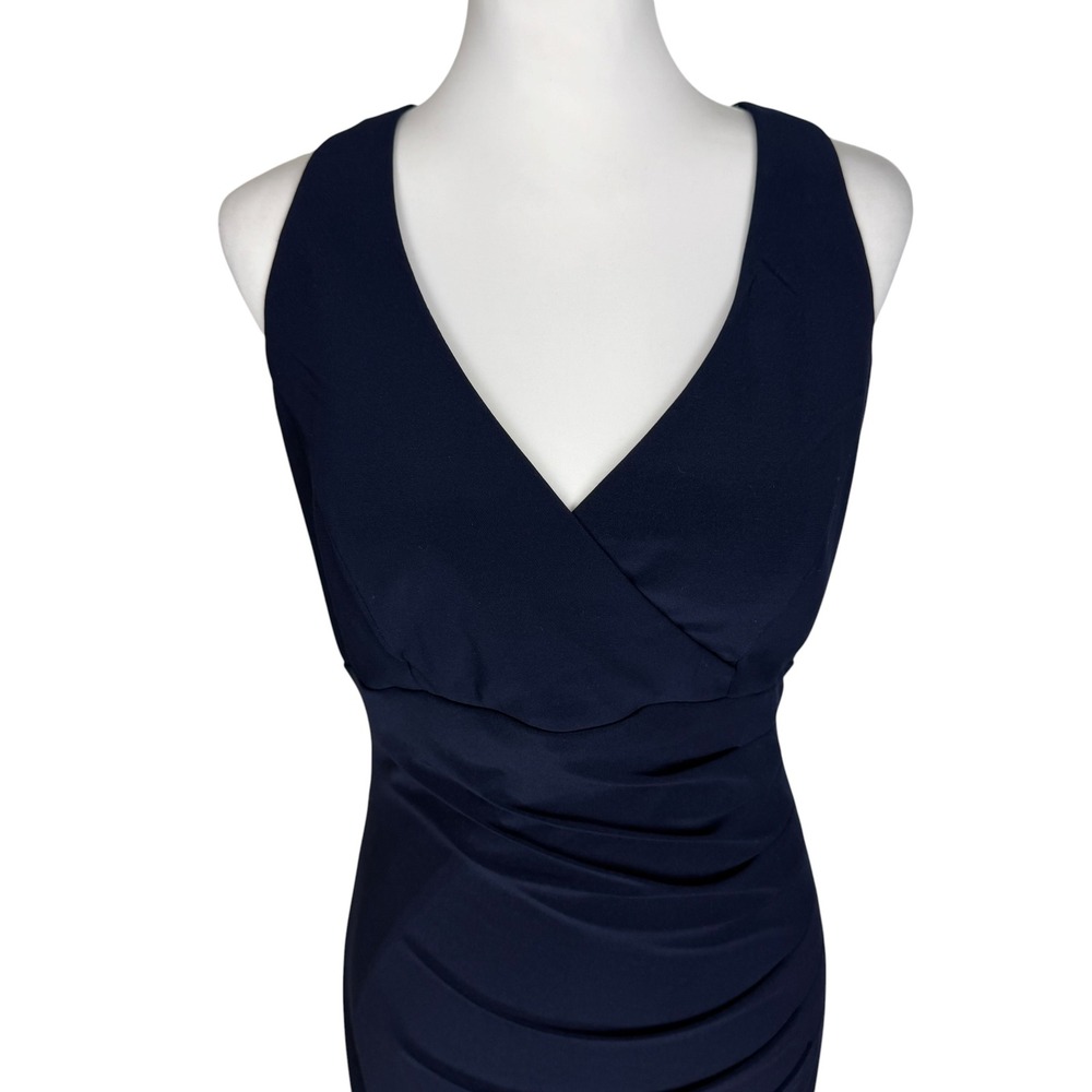 X by Xscape Navy Blue Ruched V-Neck Sheath Cocktail Dress Womens Size 12 - Picture 2 of 8